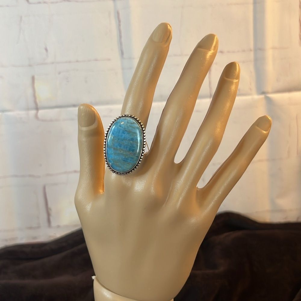 NWT ARTISAN CRAFTED NATURAL BLUE APATITE OVAL RING IN 925 STERLING SILVER SZ8.5 - Picture 10 of 12